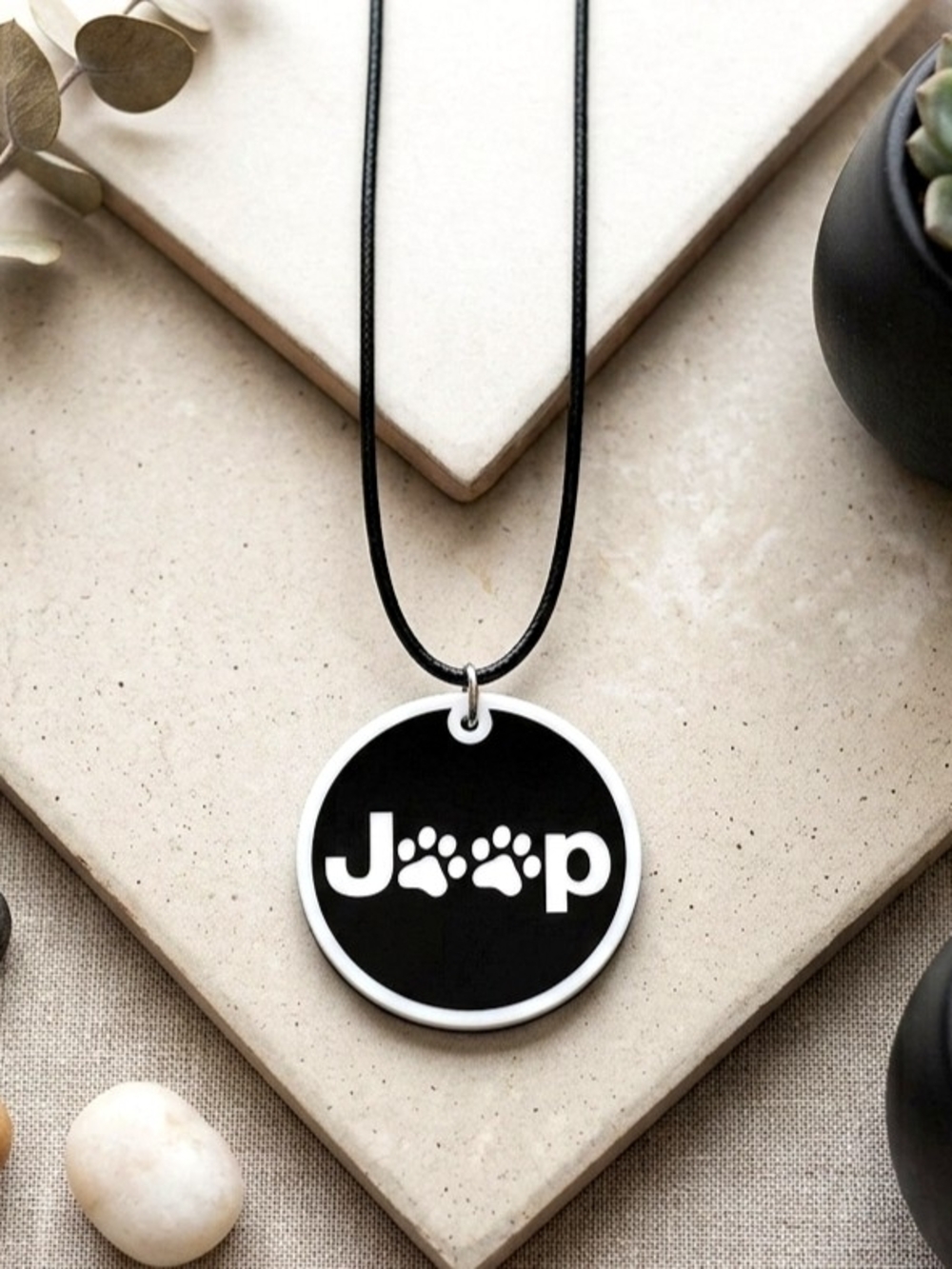 Black White Jeep Suv Vehicle Lover Dog Paw Print Pet Theme Pendant Necklace